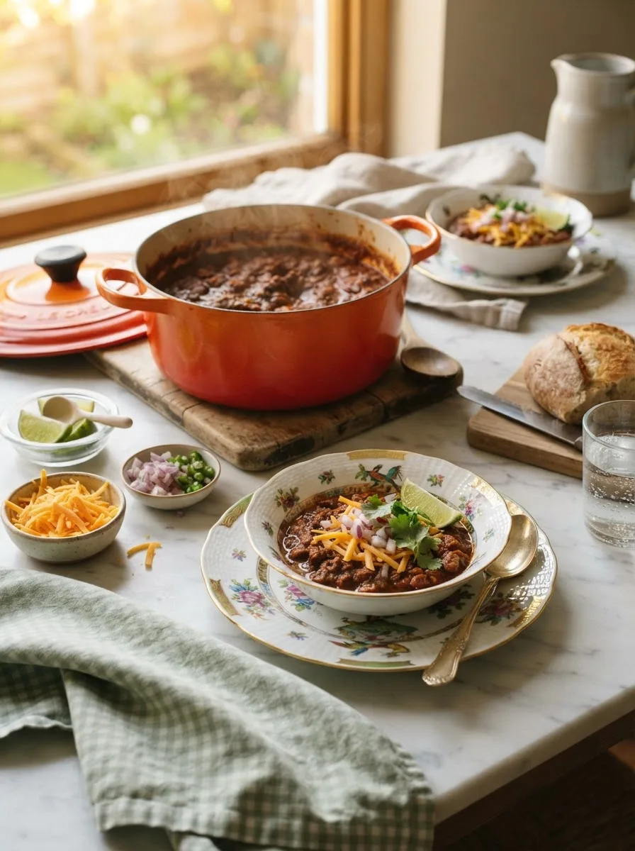 Table scene with a pot of pepperbelly pete chili and toppings ready to serve