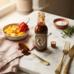 Homemade pickapeppa sauce recipe in a small glass bottle with a glossy spoonful drizzled beside it