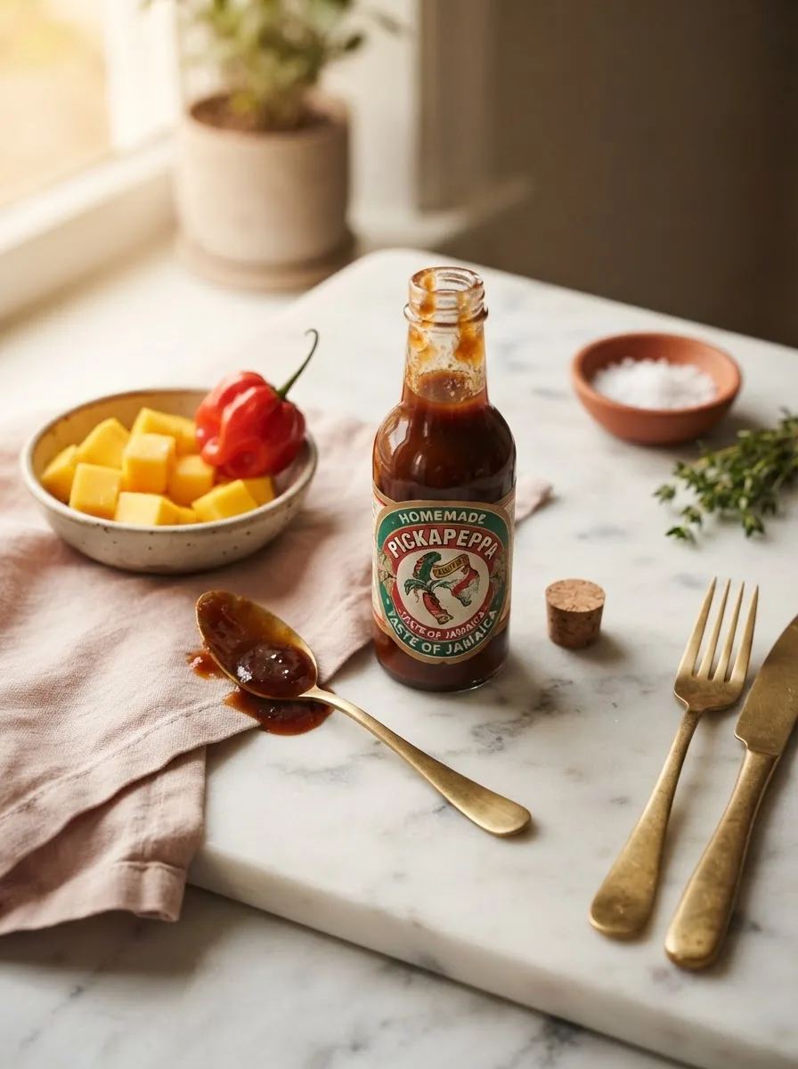 Homemade pickapeppa sauce recipe in a small glass bottle with a glossy spoonful drizzled beside it
