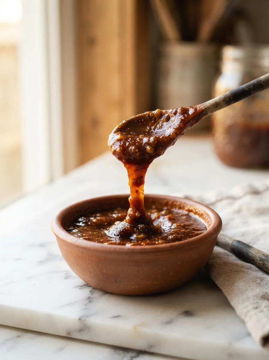 Glossy ribbon of homemade pepper sauce falling from a spoon, showing thick strained texture