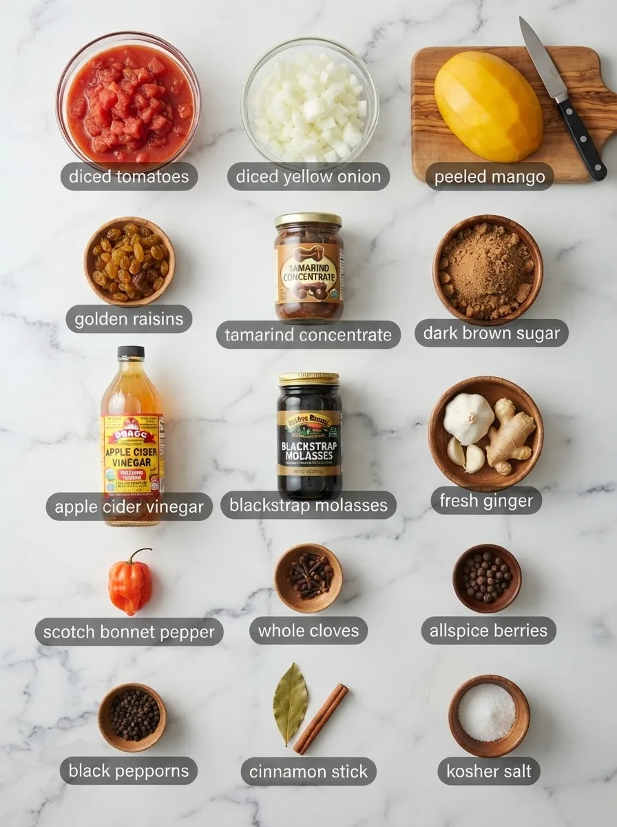 Ingredients for pickapeppa sauce recipe including tamarind, mango, tomato, and warm spices on marble