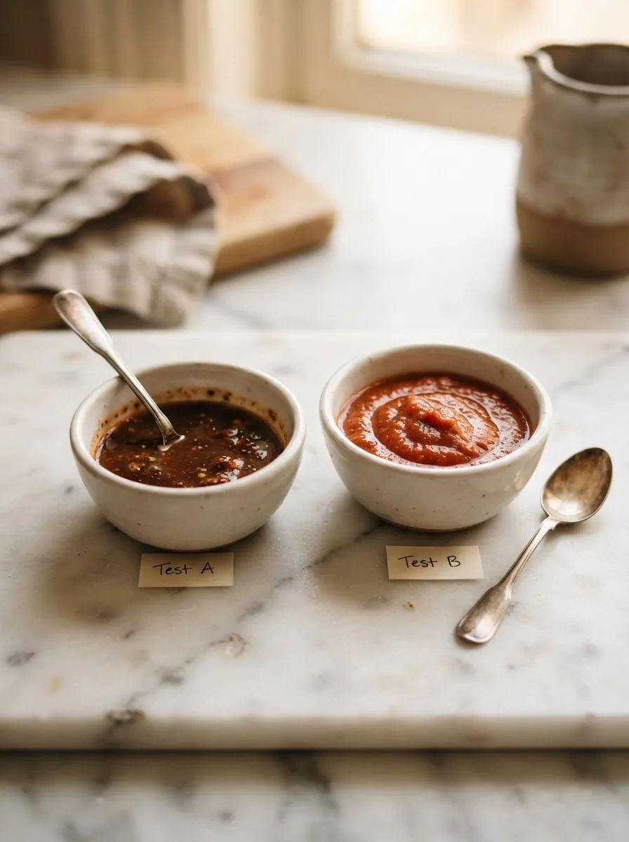 Side-by-side comparison of two pickapeppa sauce test batches showing different tamarind ratios
