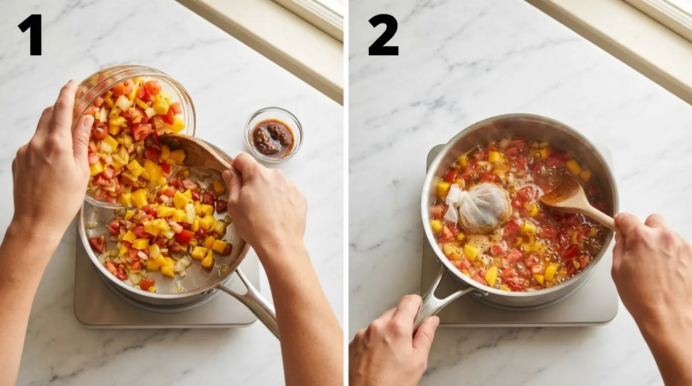 Combining tomatoes, onion, mango, and tamarind concentrate in a saucepan for pickapeppa sauce / Pickapeppa sauce simmering gently with a cheesecloth spice sachet resting in the liquid