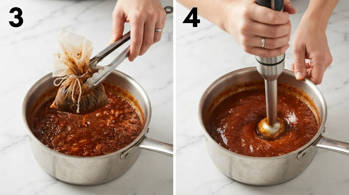 Removing the cheesecloth spice sachet from simmered pickapeppa sauce with tongs / Blending pickapeppa sauce smooth with an immersion blender directly in the saucepan