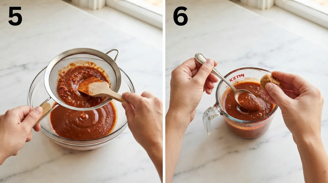 Straining pickapeppa sauce through a fine mesh sieve for a smooth, glossy texture / Tasting and adjusting the sweetness of homemade pickapeppa sauce with brown sugar