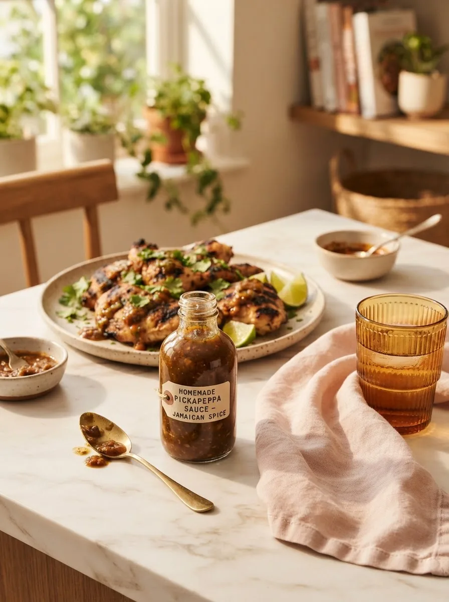 Homemade pickapeppa sauce drizzled over grilled chicken on a rustic table setting