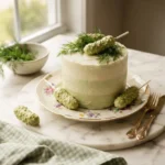 Pickle cake shaped like a jar of pickles with green ombre frosting and cake pop pickles on top