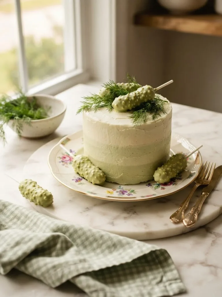 Pickle cake shaped like a jar of pickles with green ombre frosting and cake pop pickles on top