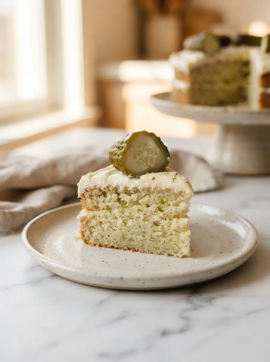 Sliced pickle cake showing green-tinted vanilla crumb and a cake pop pickle cross-section