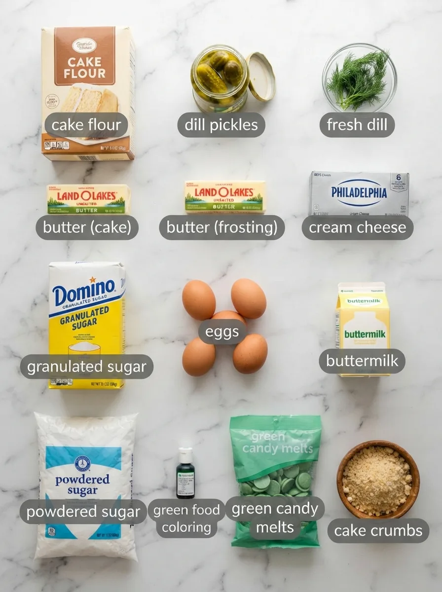 Pickle cake ingredients flat lay including cake flour, cream cheese, pickles, and green food coloring
