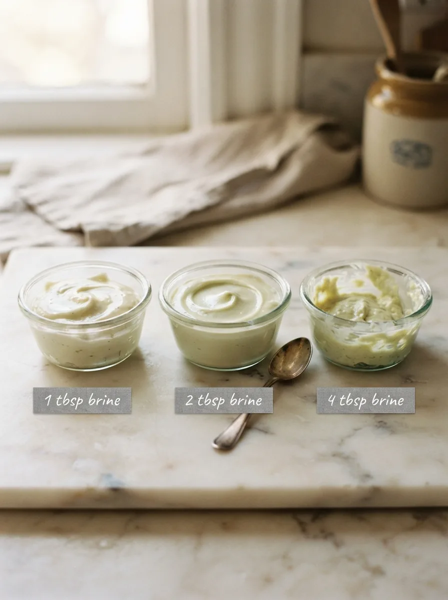 Three bowls of cream cheese frosting comparing different amounts of pickle brine