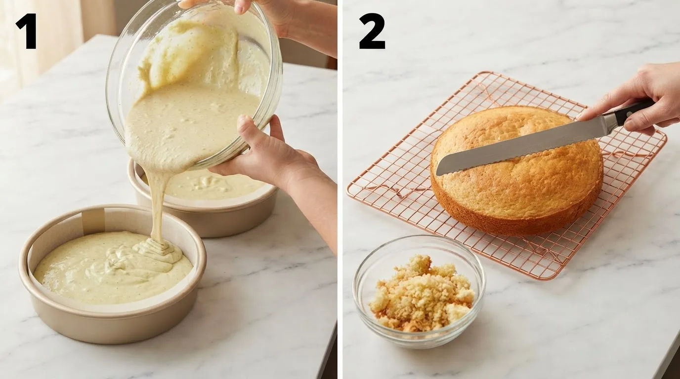 Pouring green-tinted cake batter into two round gold baking pans / Leveling a baked cake layer with crumbs collected for cake pop pickles