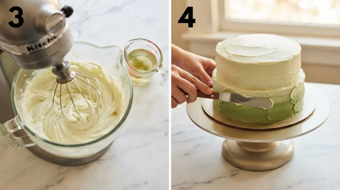 Whipping pale green cream cheese frosting with pickle brine in a stand mixer / Spreading ombre green frosting from dark at the base to light at the top of a cake