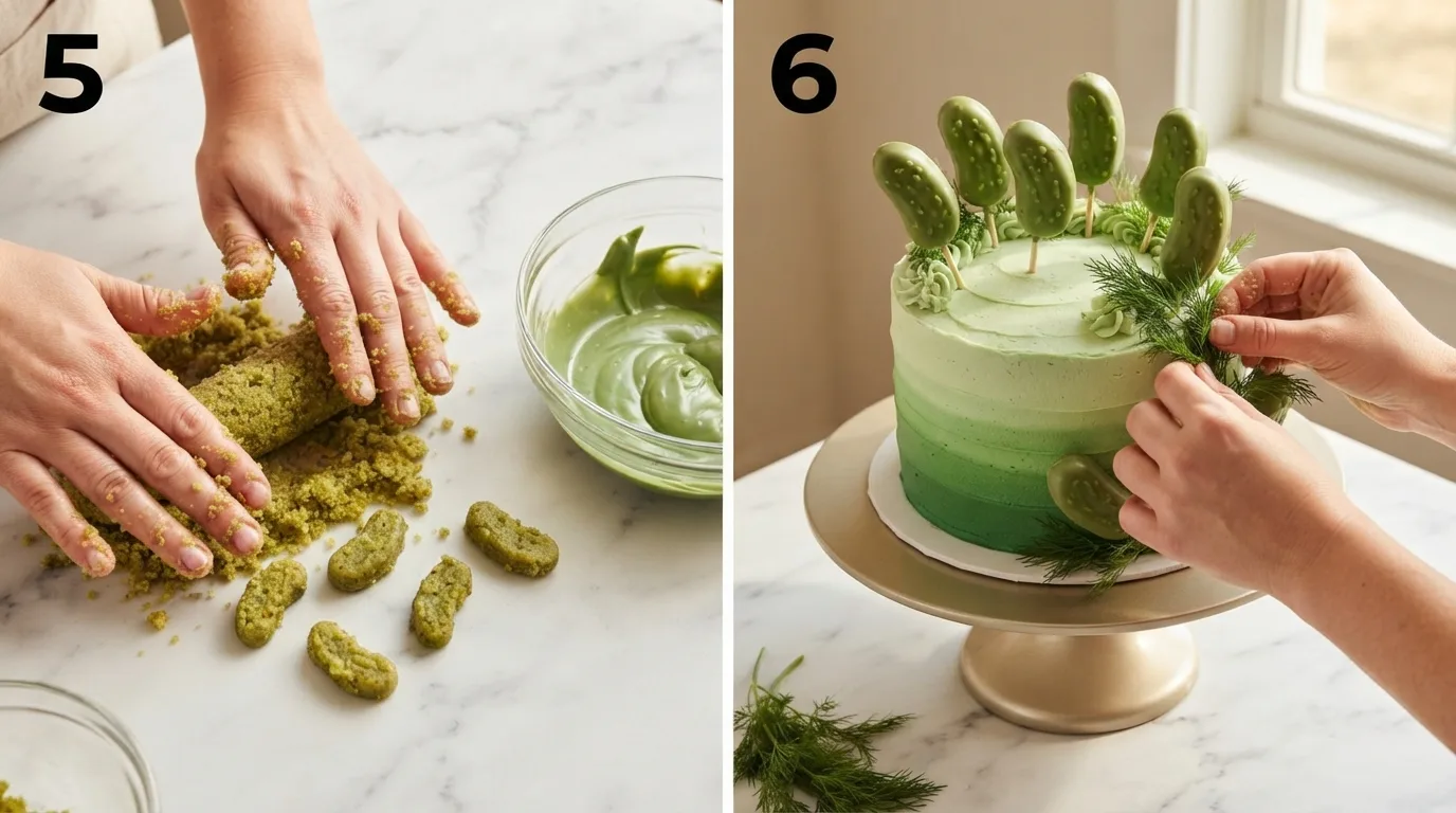 Rolling cake crumb mixture into pickle spear shapes beside melted green candy melts / Arranging finished cake pop pickles on a frosted ombre cake with fresh dill sprigs