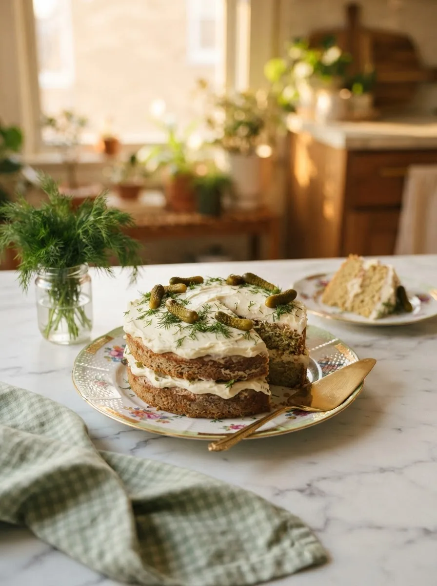 Pickle cake served on a floral plate at a styled table with fresh dill and gold flatware