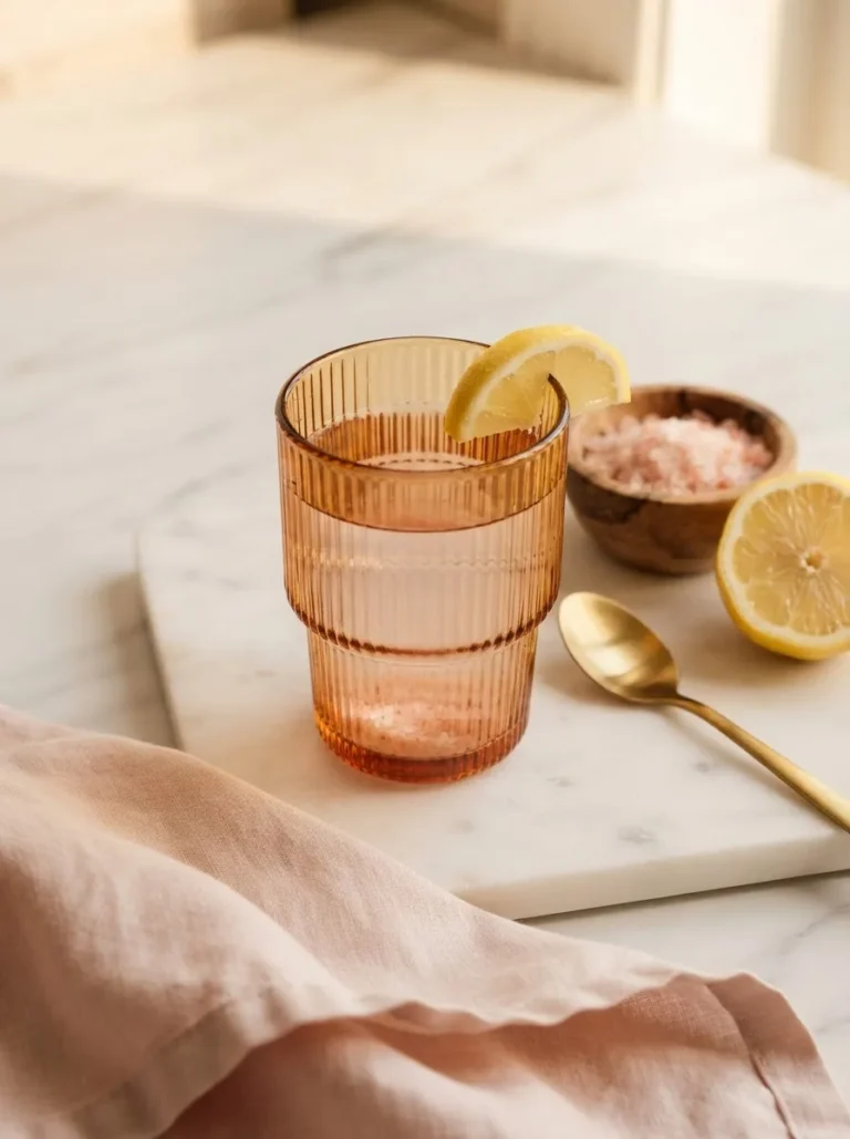 recipe pink salt trick drink in an amber glass with lemon wedge on a white marble surface