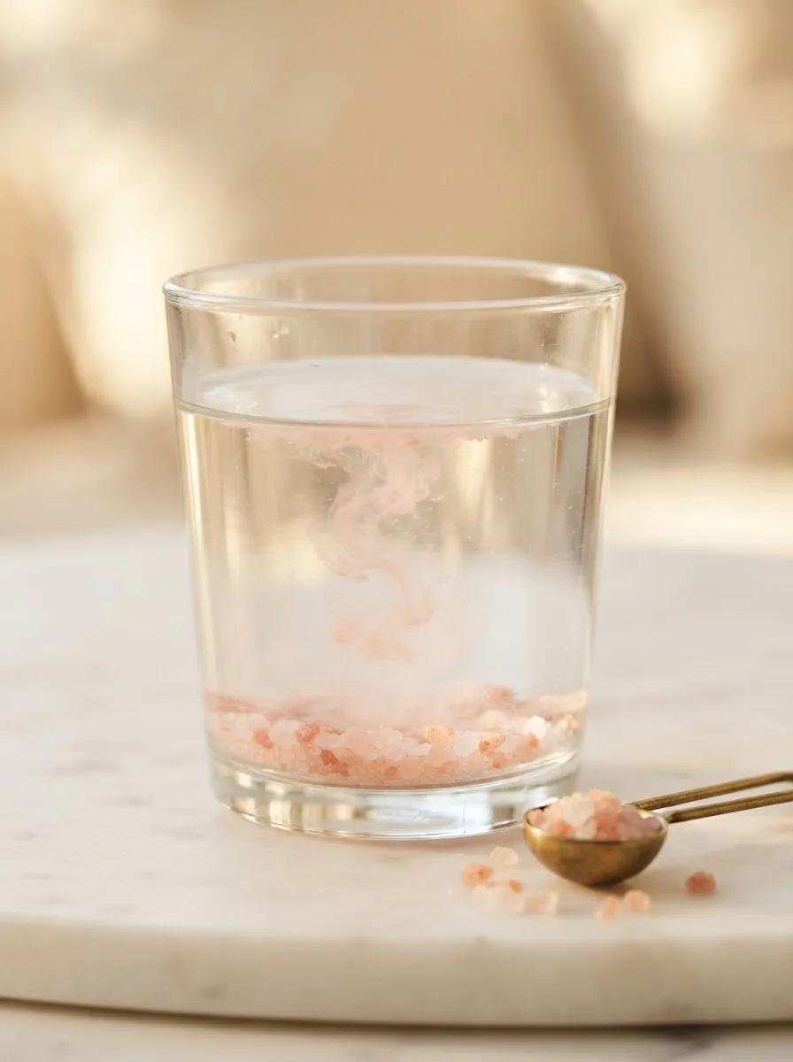 Pink Himalayan salt crystals dissolving into a swirl inside a glass of water