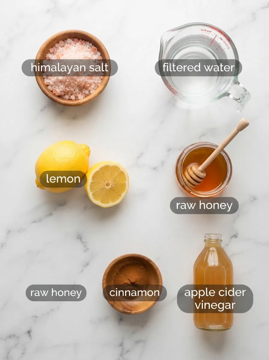 Ingredients for pink salt trick recipe including Himalayan salt, lemon, and honey
