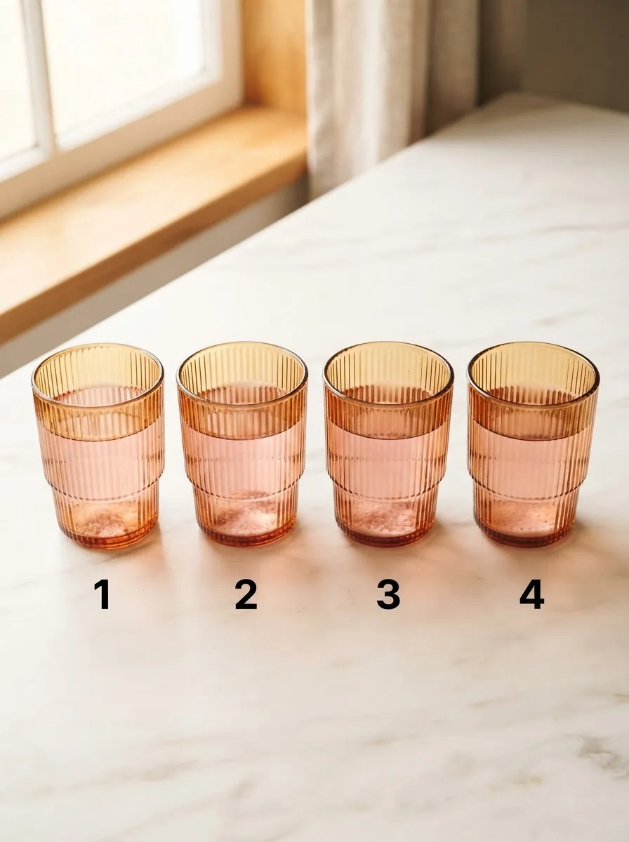 Four glasses comparing different pink Himalayan salt ratios in a controlled taste test