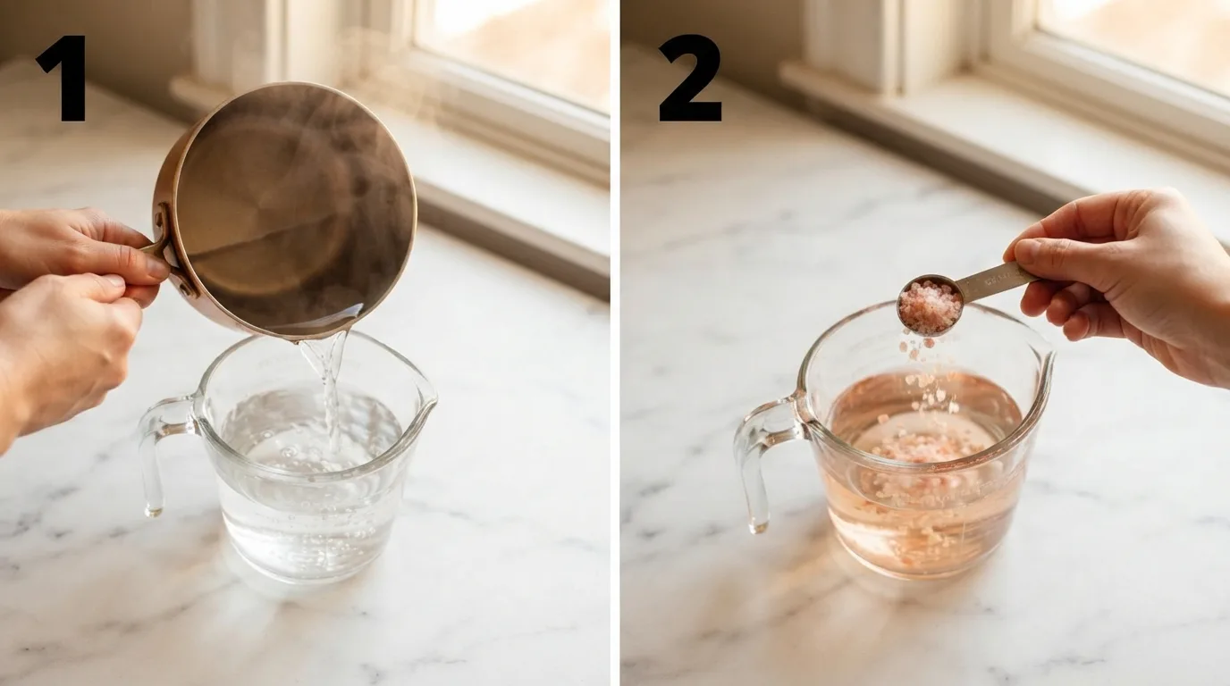 Pouring warm filtered water into a glass measuring cup for pink salt trick recipe / Adding measured pink Himalayan salt into warm water
