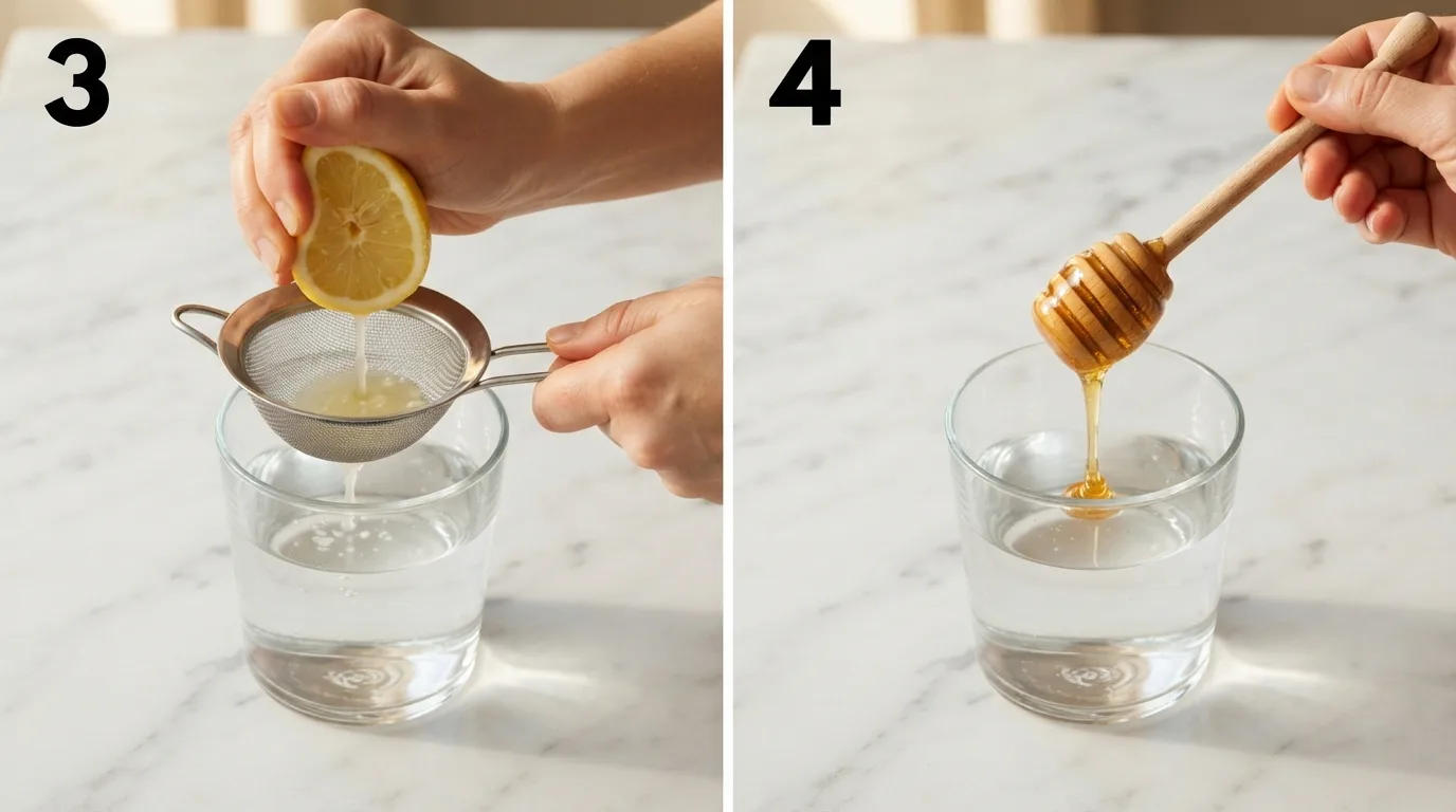 Squeezing fresh lemon juice into pink salt trick water through a strainer / Drizzling raw honey into pink salt trick drink as optional sweetener