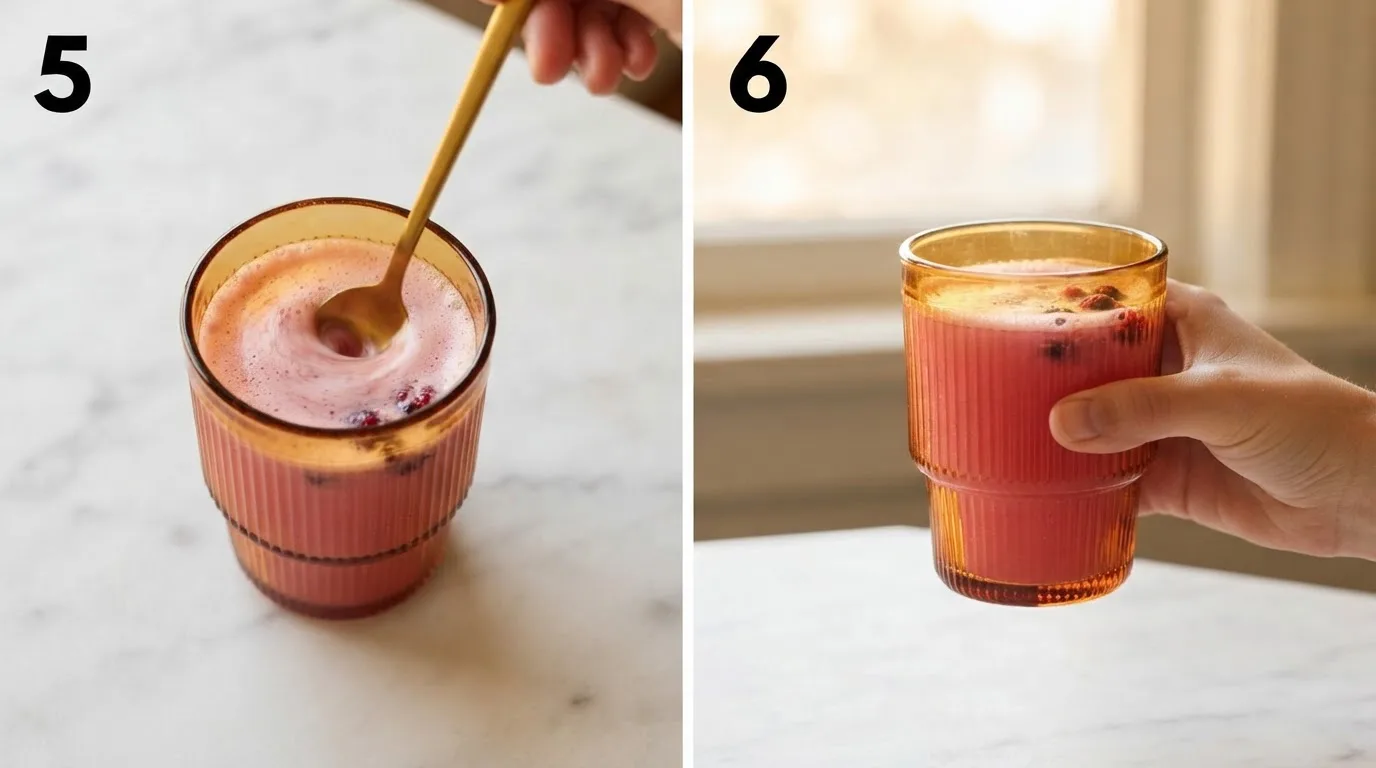 Stirring the finished pink salt trick drink with a gold spoon / Lifting a finished glass of pink salt trick water to drink