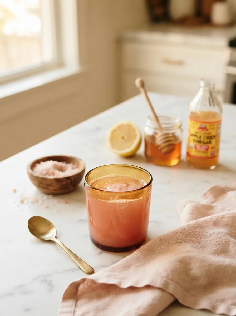 Pink salt trick drink setup with lemon, honey, and Himalayan salt on marble counter