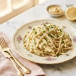 Foolproof remoulade celeri piled on a floral plate with mustard mayonnaise and parsley
