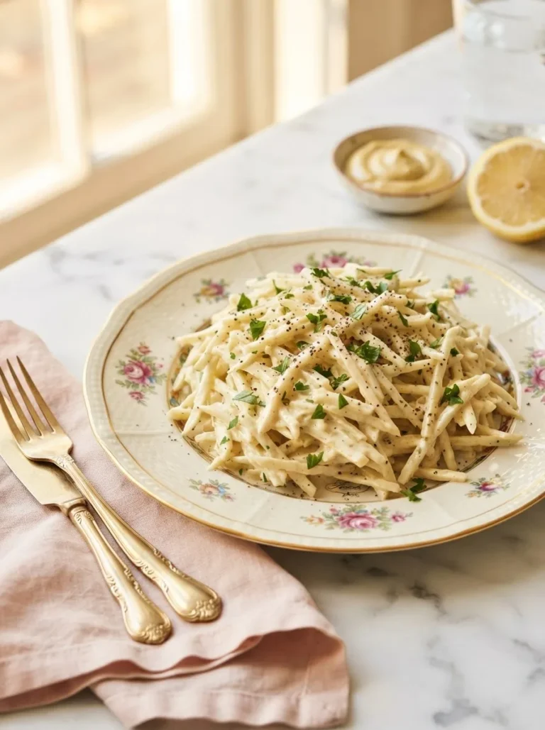 Foolproof remoulade celeri piled on a floral plate with mustard mayonnaise and parsley