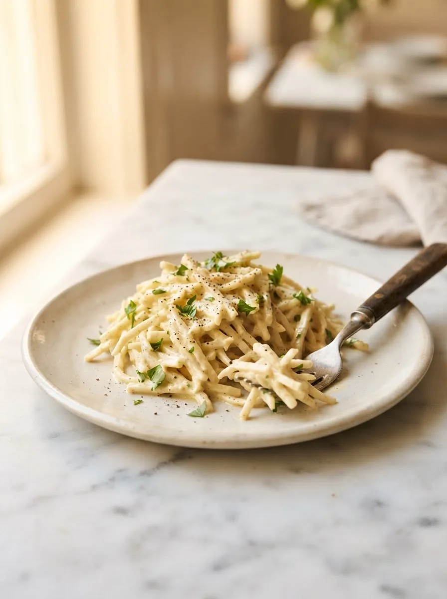 Close-up of julienned celeriac coated in tangy mustard mayonnaise dressing