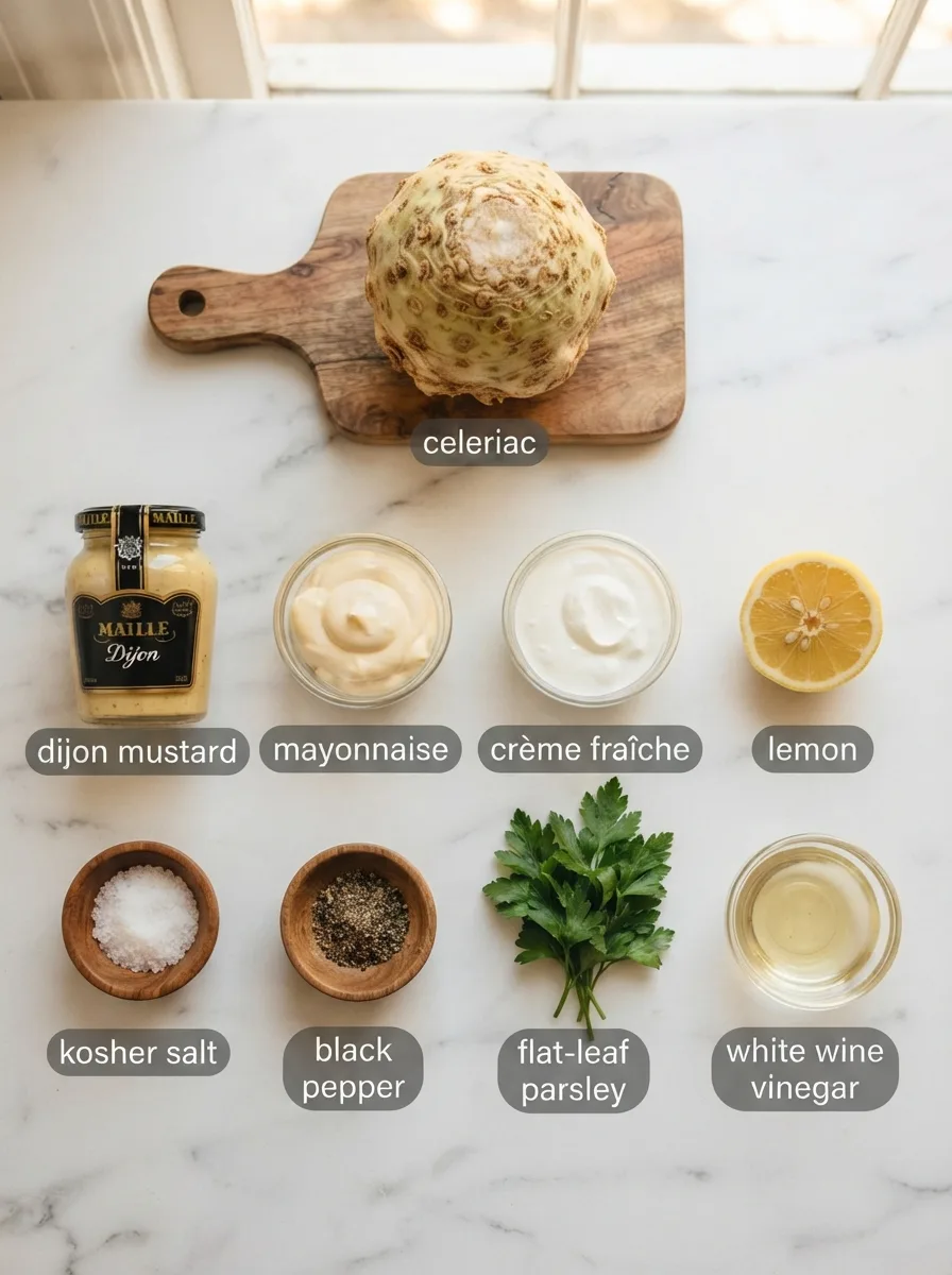 Ingredients for remoulade celeri: celeriac, Dijon mustard, mayonnaise, lemon