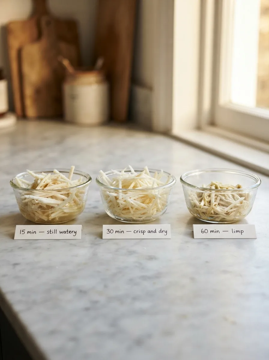 Comparison of celeriac salted for 15, 30, and 60 minutes before draining