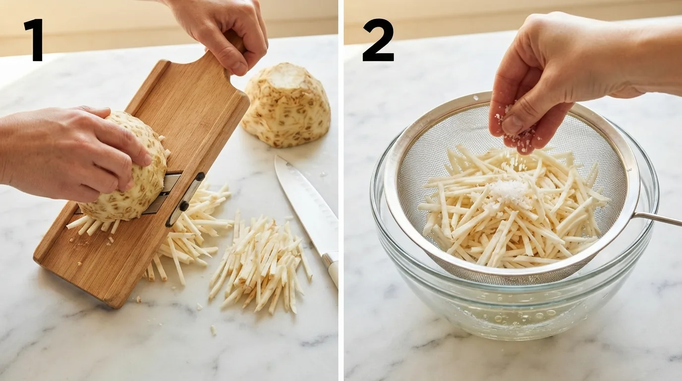 Julienning peeled celeriac into thin matchsticks with a mandoline / Salting julienned celeriac in a colander to draw out water