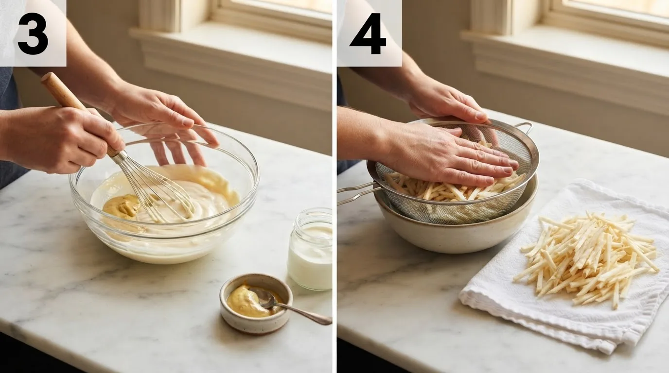 Whisking Dijon mustard, mayonnaise, and crème fraîche into a smooth dressing / Pressing and patting dry salted celeriac before dressing it