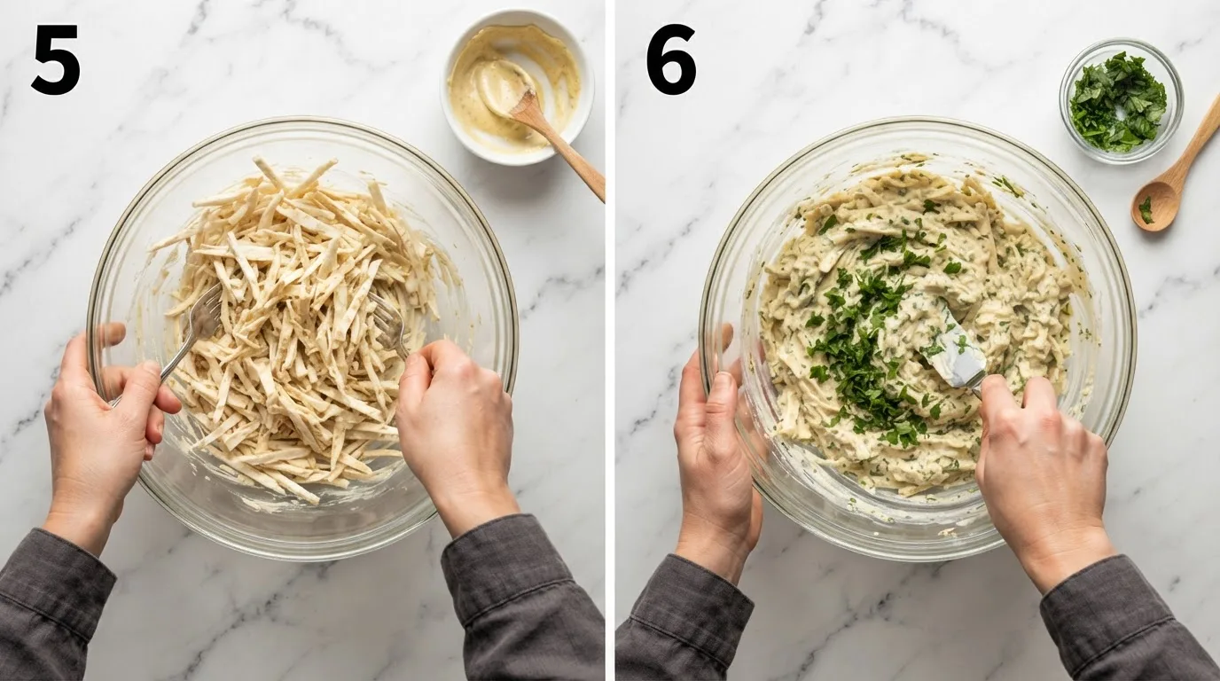 Tossing dried julienned celeriac with mustard mayonnaise dressing / Folding chopped parsley into finished celeri remoulade before chilling