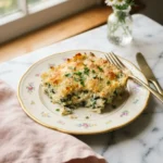 Golden baked rice florentine with melted Swiss and spinach on a floral cream plate