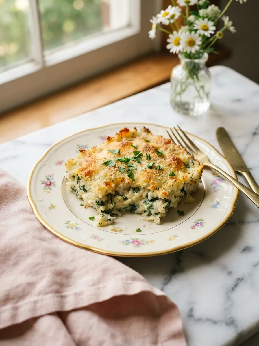 Golden baked rice florentine with melted Swiss and spinach on a floral cream plate