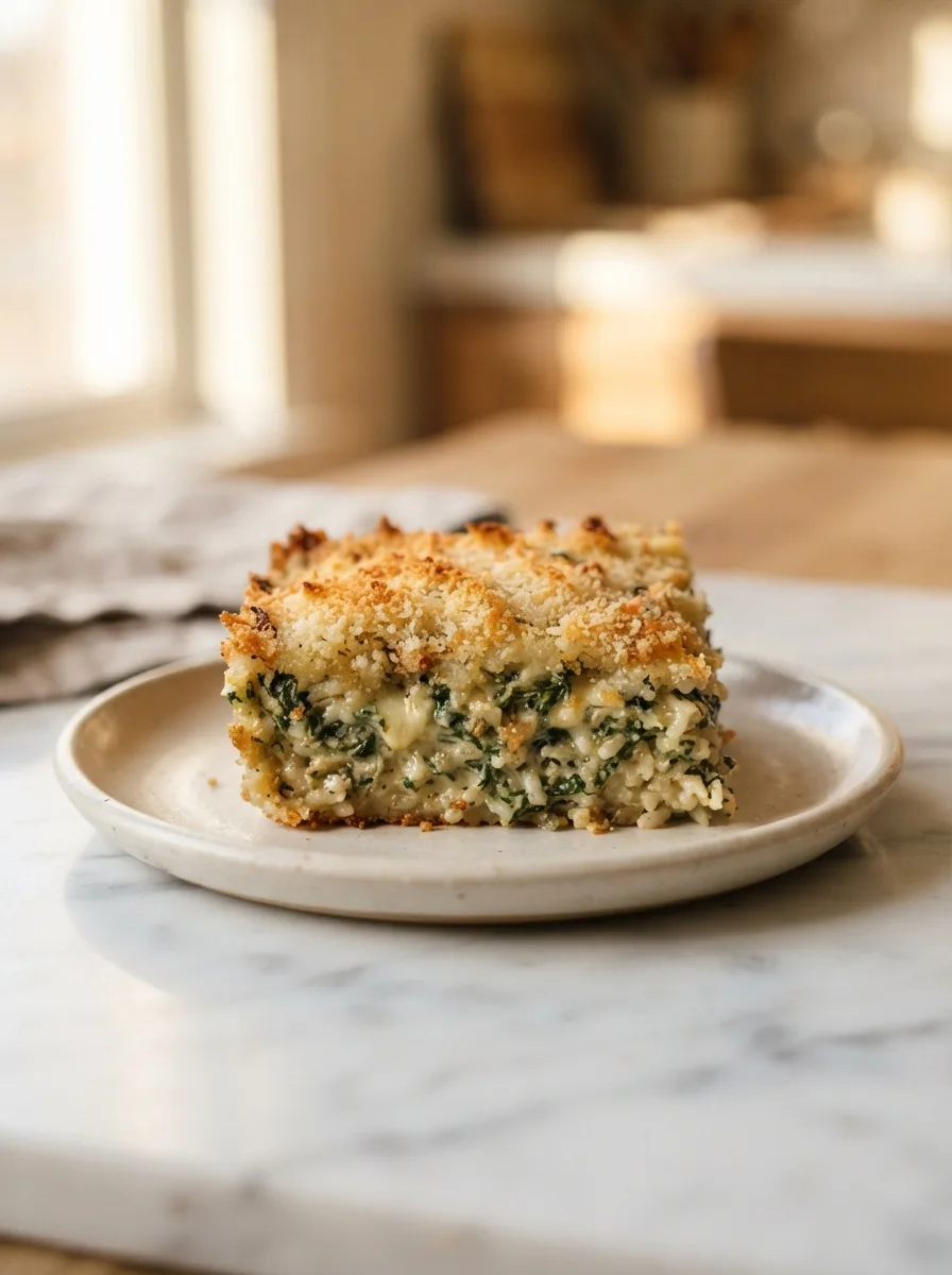 Cut slice of rice florentine showing creamy spinach interior and golden crust