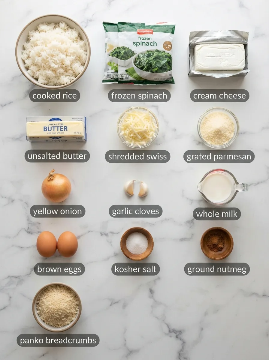 Ingredients for rice florentine including rice, spinach, cream cheese, and Swiss