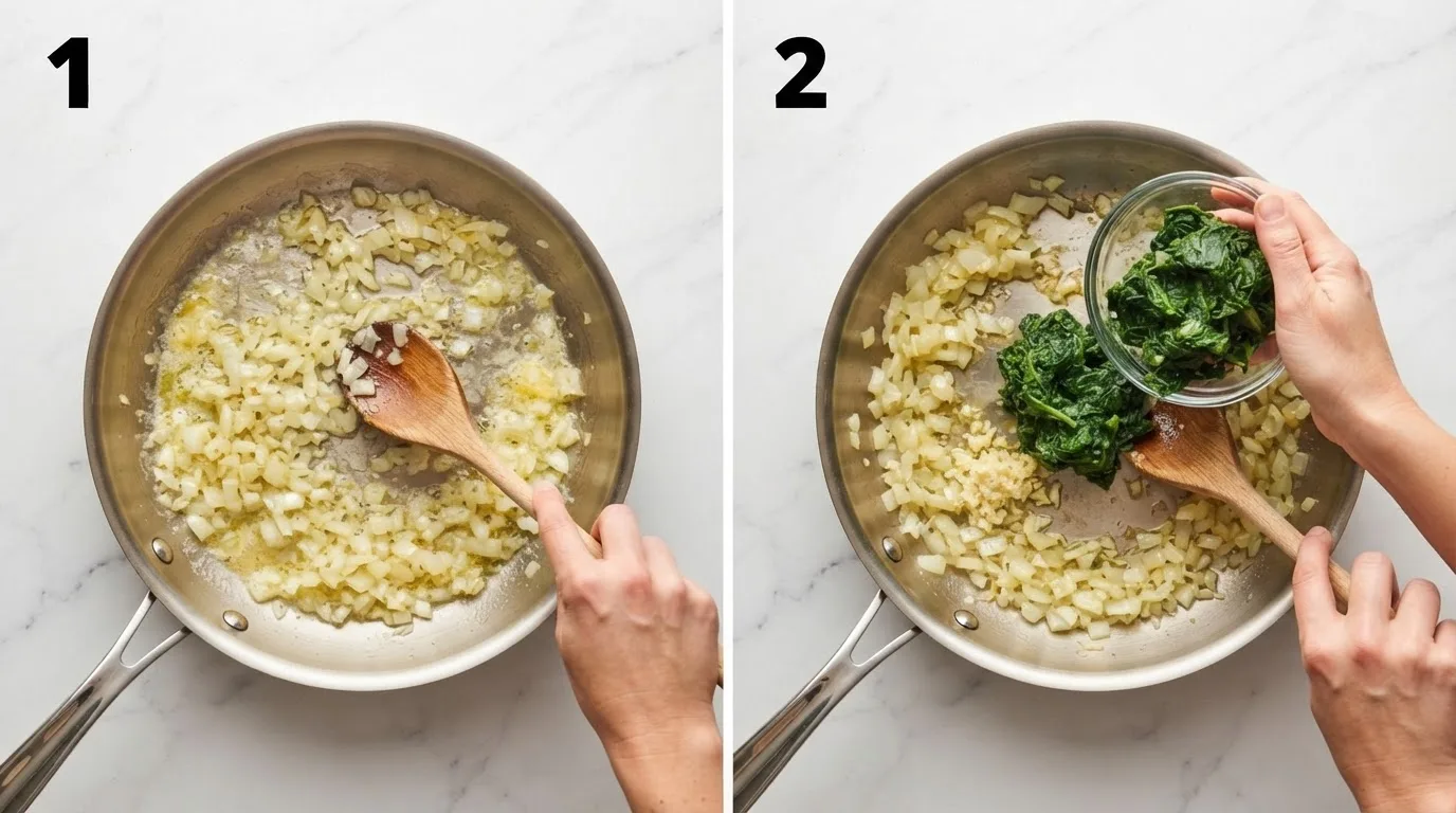 Diced onion softening in melted butter in a skillet / Squeezed spinach being stirred into softened onion and garlic