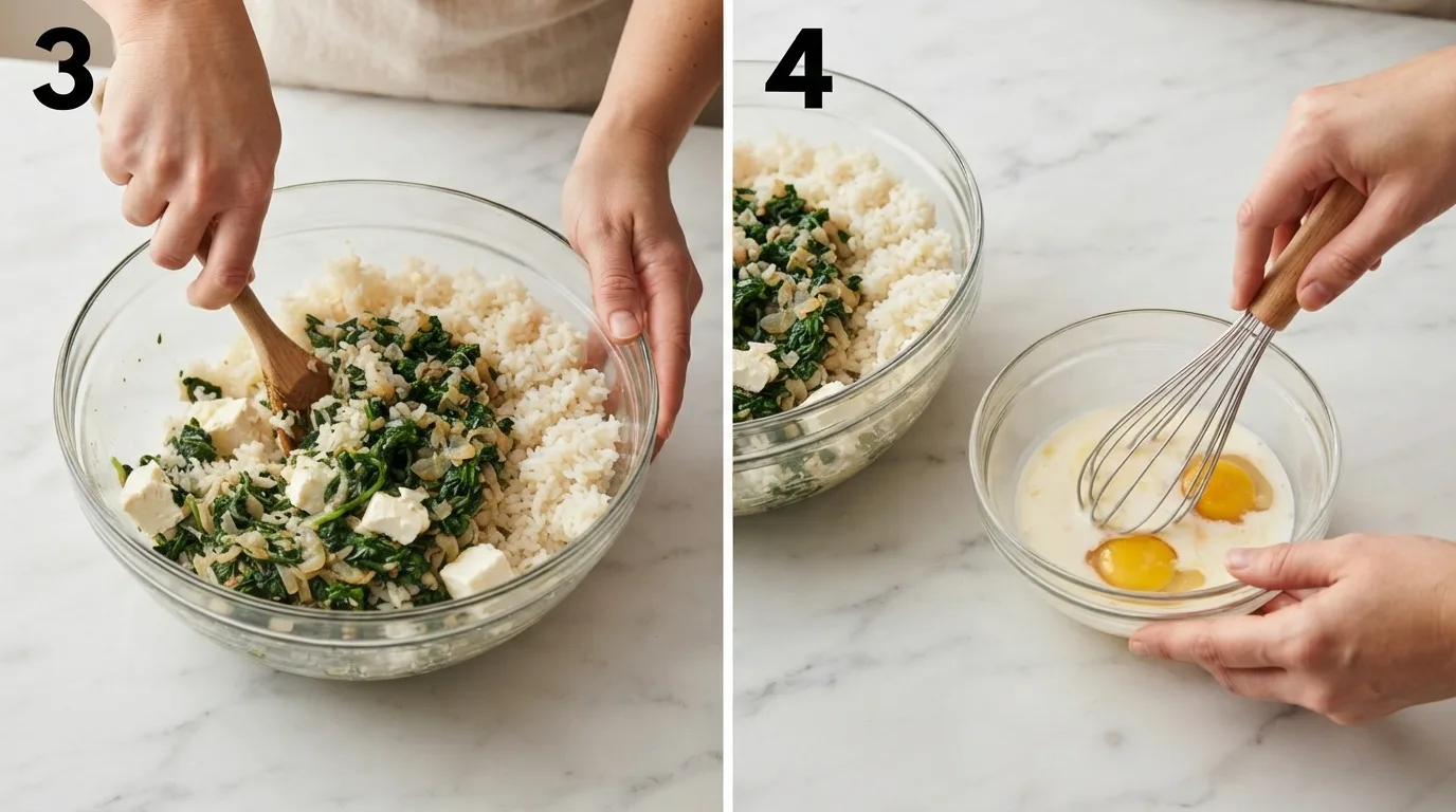 Stirring rice, spinach, and cream cheese together in a glass bowl / Whisking eggs and milk together in a small glass bowl