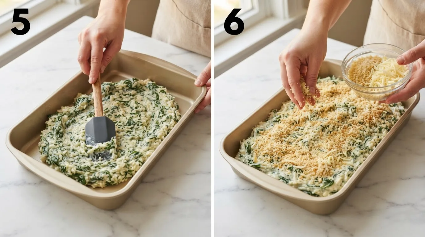Spreading rice florentine mixture evenly into a gold baking dish / Sprinkling buttered panko and Swiss cheese over unbaked casserole