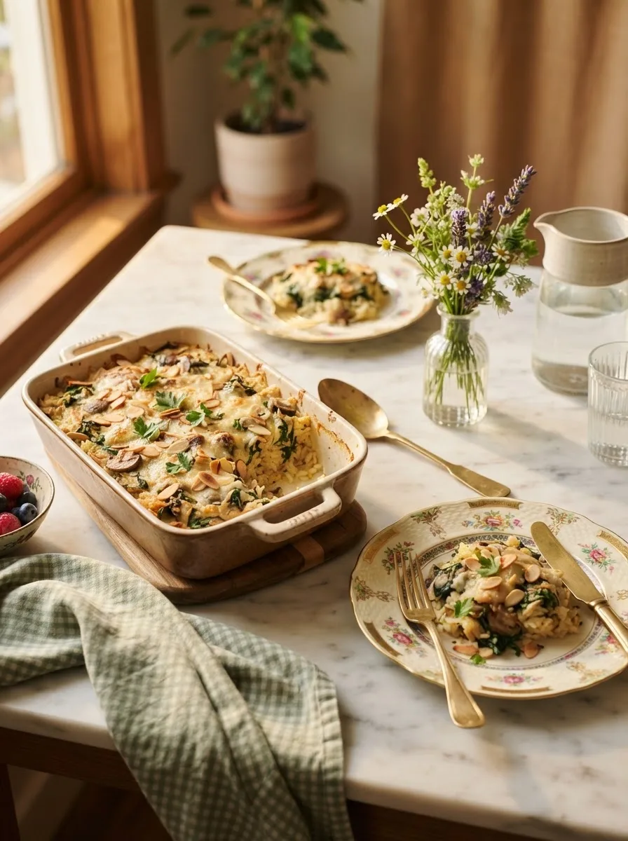Baking dish of rice florentine served family-style with a plated portion