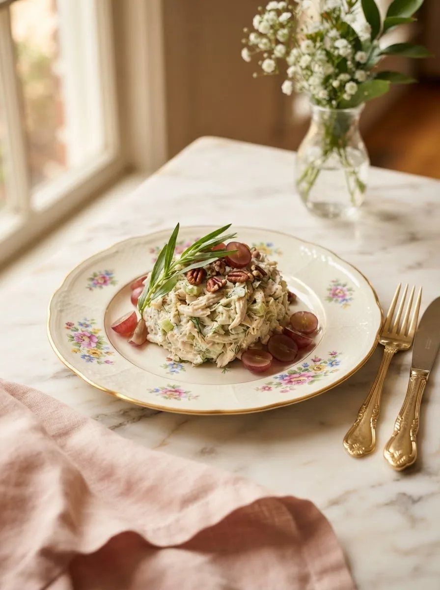 Creamy round swamp chicken salad piled on a floral gold-rim plate with celery and tarragon visible