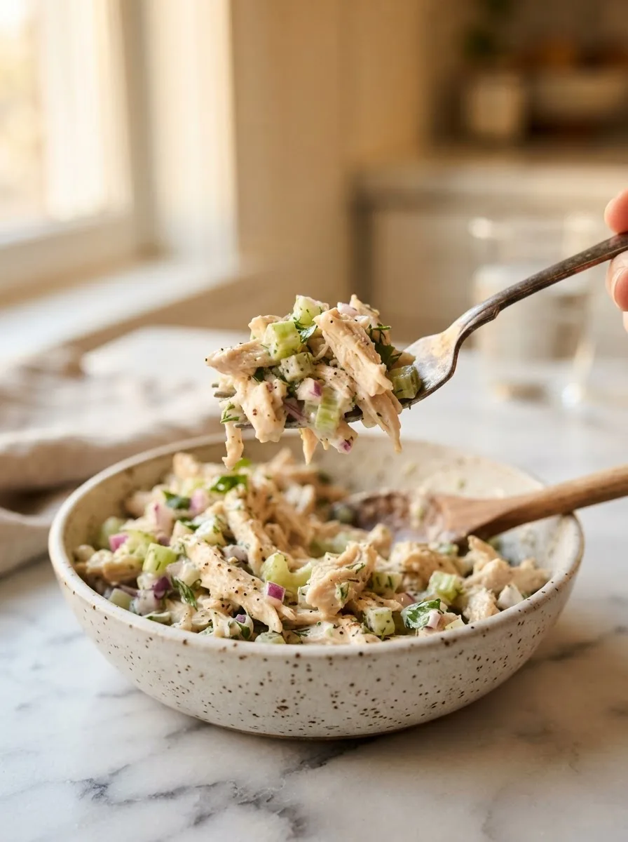 Forkful of round swamp chicken salad showing shredded chicken, celery, and fresh herbs