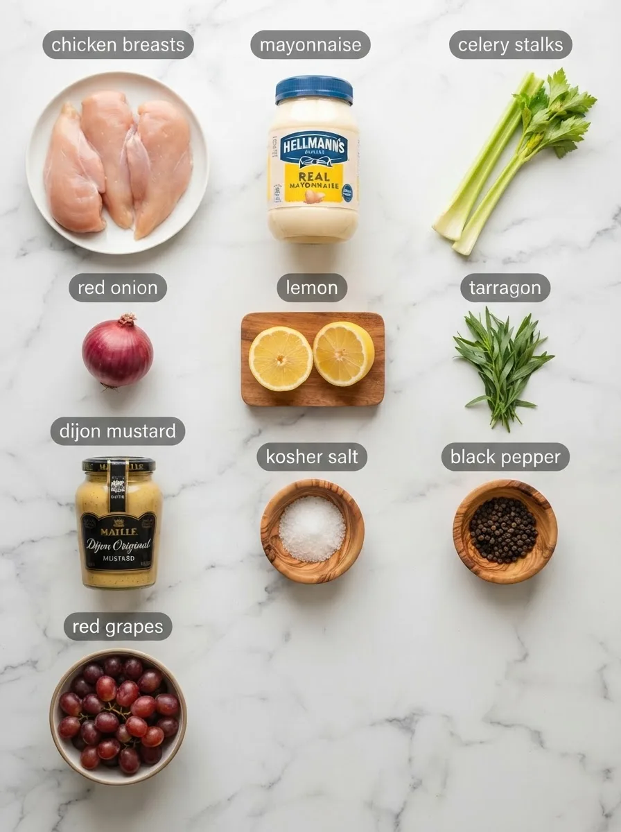 Ingredients for round swamp chicken salad recipe arranged on white marble, including chicken, celery, and lemon
