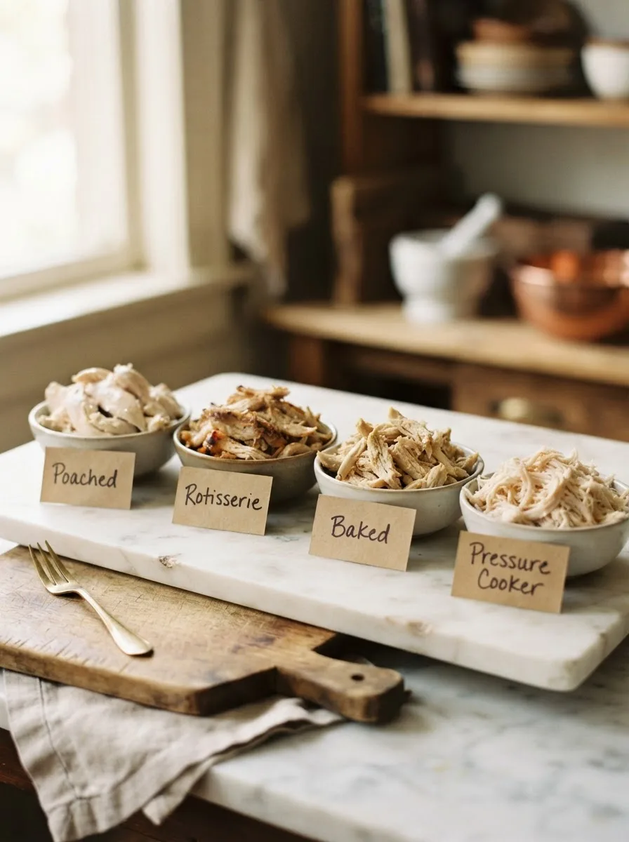 Four cooked chicken texture comparison for chicken salad — poached, rotisserie, baked, and pressure cooker