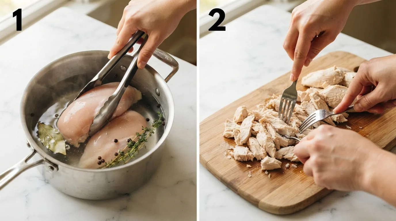 Chicken breasts being lowered into a pot of water with bay leaf for poaching / Hands shredding cooled poached chicken into bite-sized pieces on a cutting board