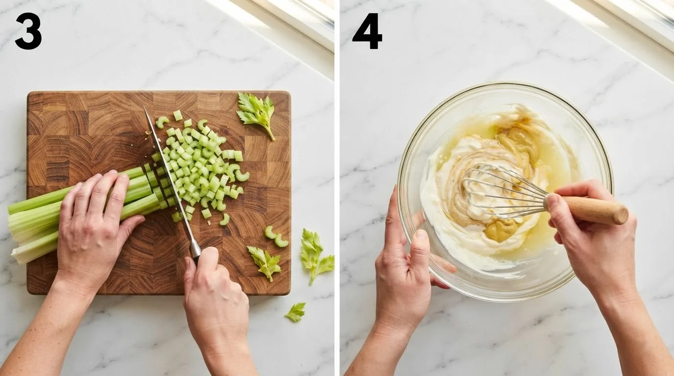 Hands finely dicing celery on a cutting board for chicken salad / Whisking mayonnaise, lemon juice, and Dijon mustard together in a glass bowl
