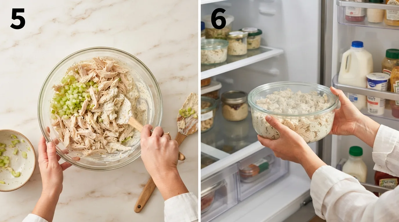 Folding shredded chicken and celery into creamy dressing in a glass bowl / Finished chicken salad in a covered container being placed into the refrigerator